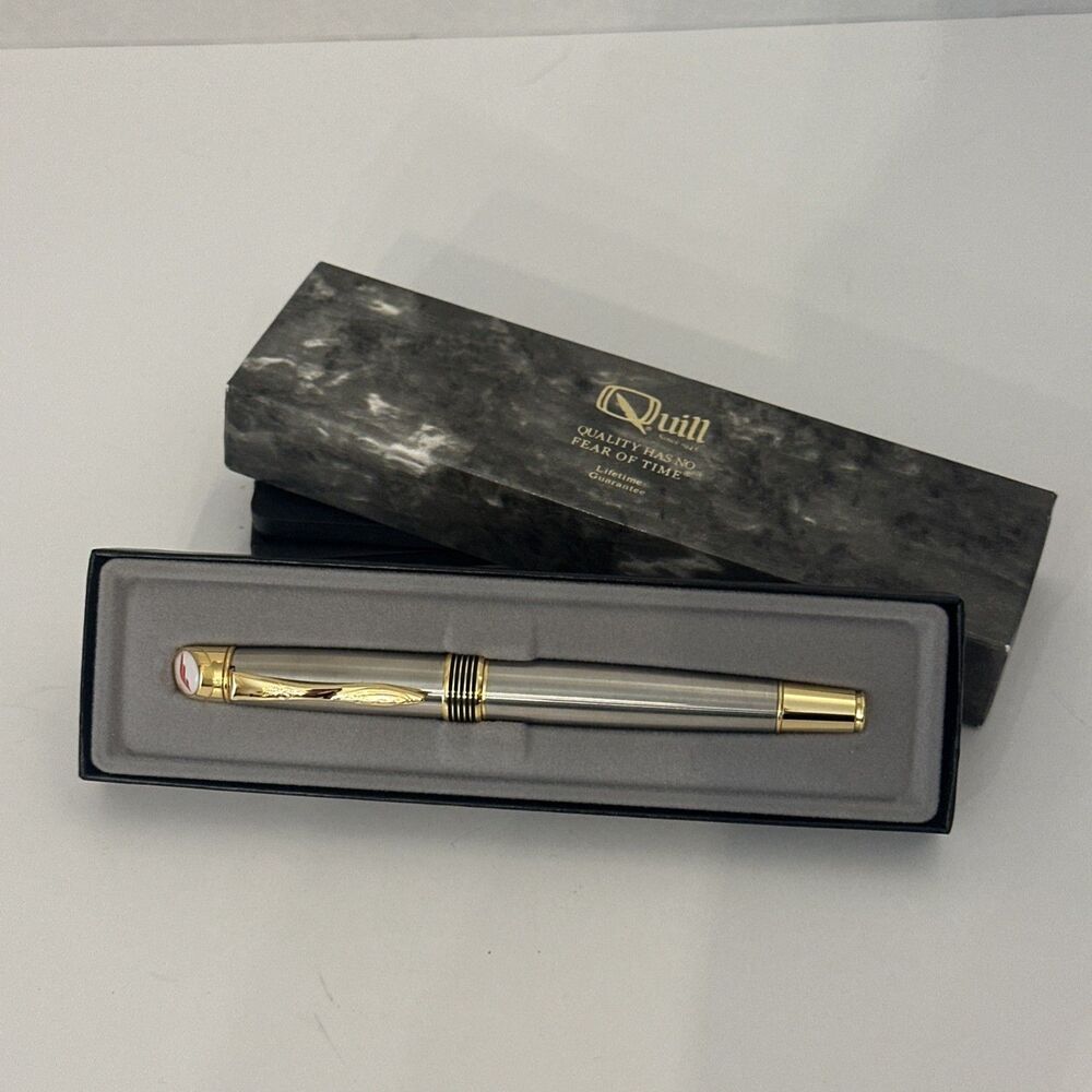 Quill Pen Fine Tip Silver And Gold Ink Pen 6” With Flying F On Lid